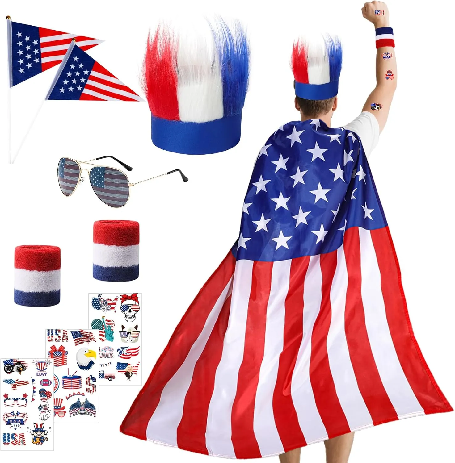 American Flag Cape Costume, 4th of July Outfits with Sunglasses and Patriotic Headband for Women Men Independence Day Party