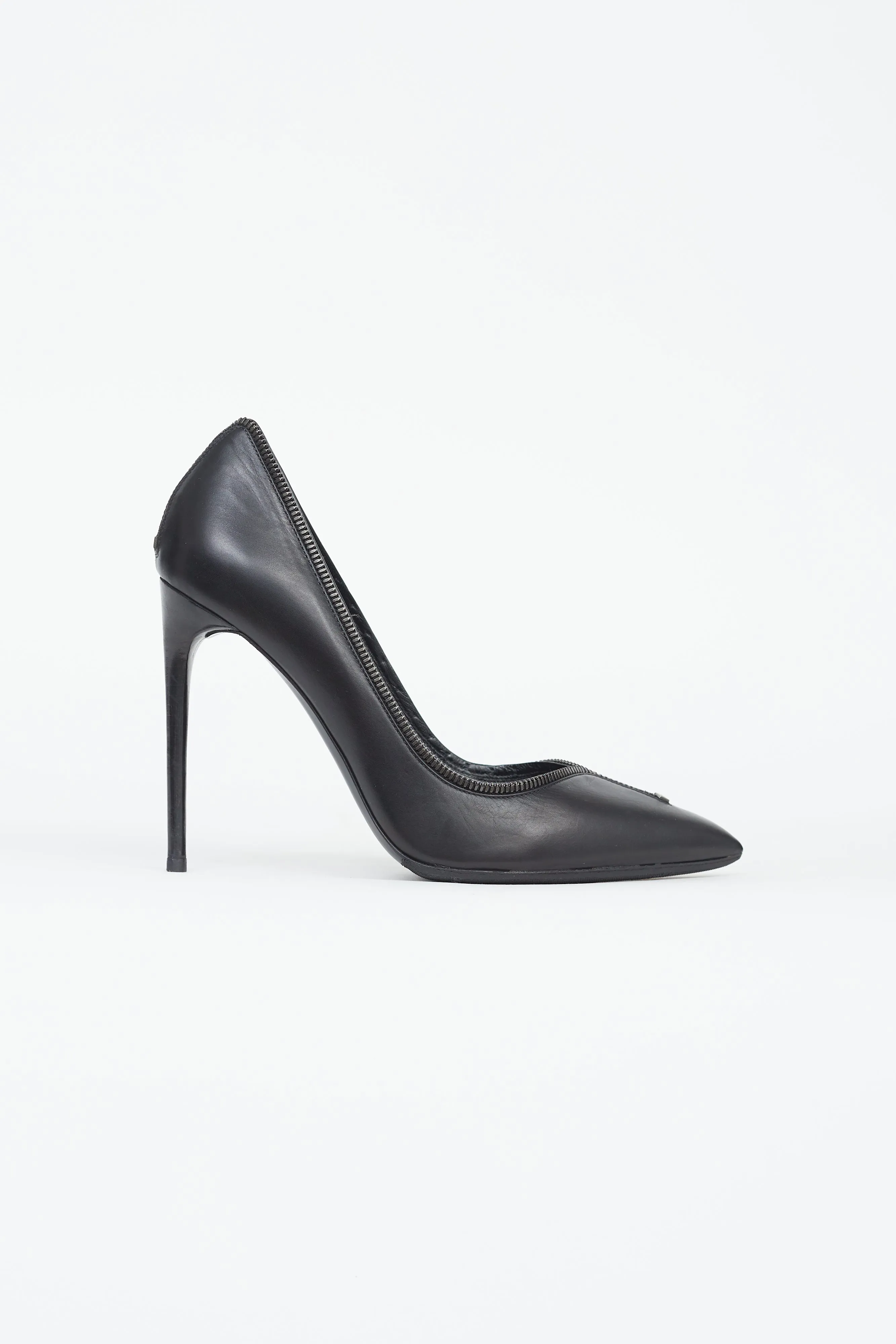 Black Leather Zip Trim Pump
