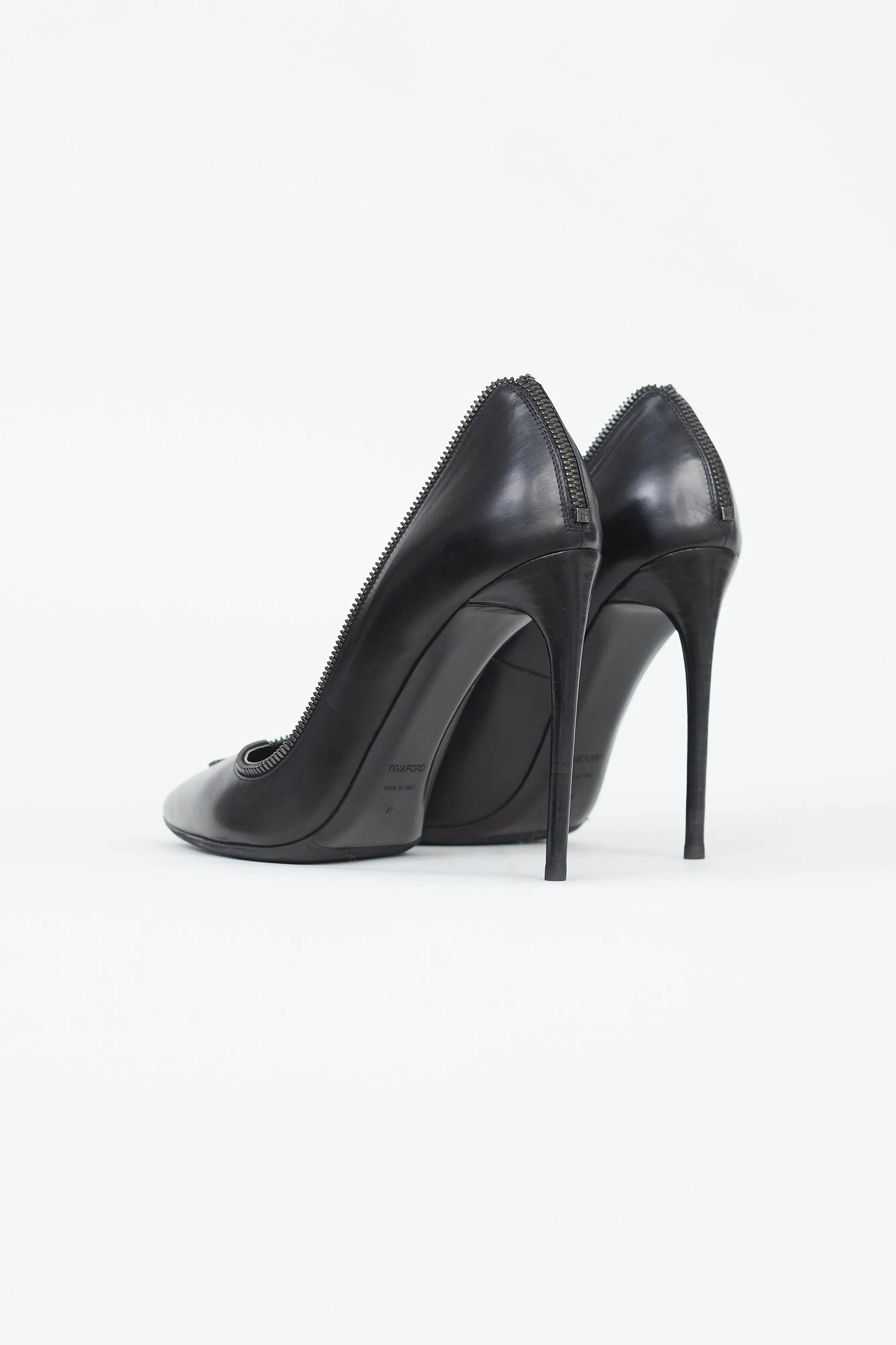 Black Leather Zip Trim Pump