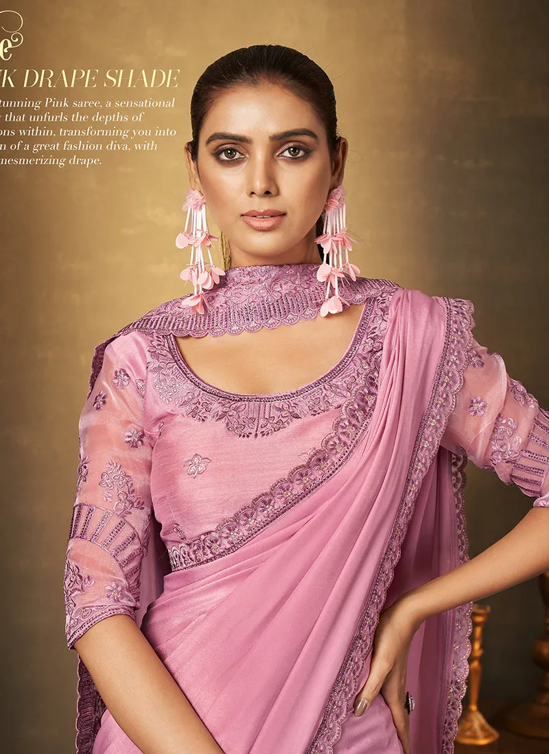 Bright Pink Traditional Embroidery Festive Saree