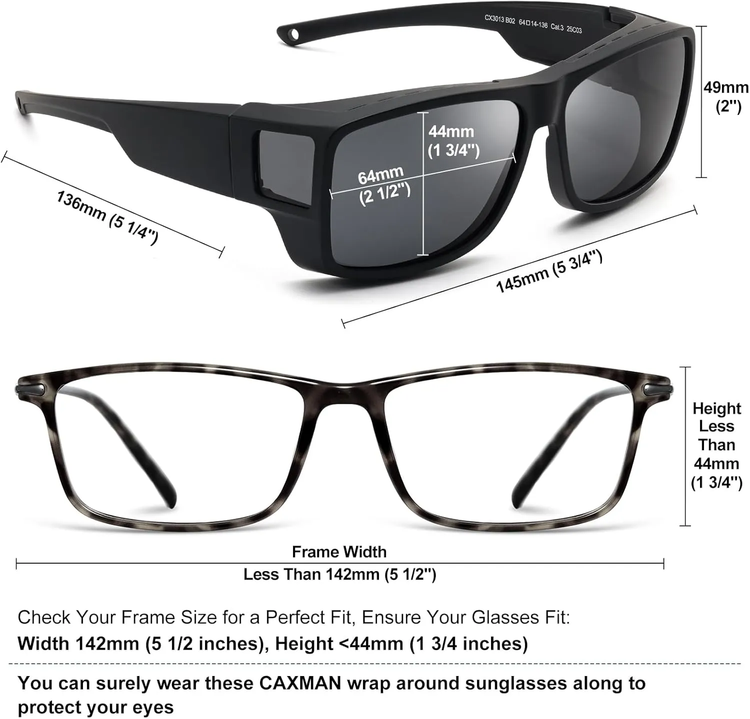 CAXMAN Fit Over Glasses Sunglasses Polarized Wrap Around Sunglasses with Side Window Shields for Full Protection