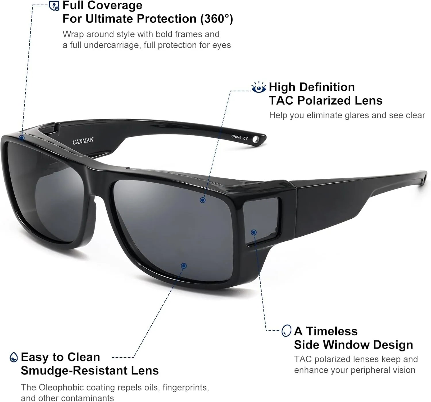 CAXMAN Fit Over Glasses Sunglasses Polarized Wrap Around Sunglasses with Side Window Shields for Full Protection