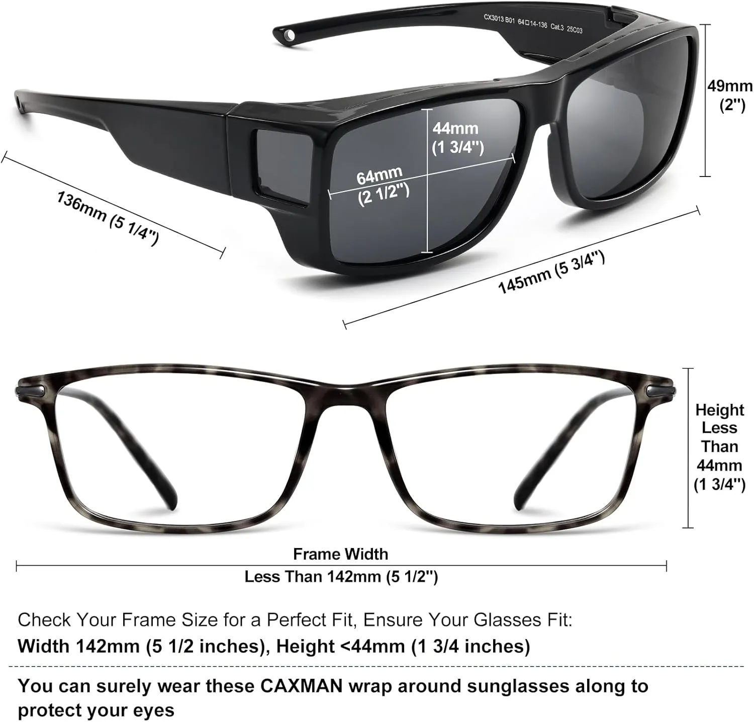 CAXMAN Fit Over Glasses Sunglasses Polarized Wrap Around Sunglasses with Side Window Shields for Full Protection