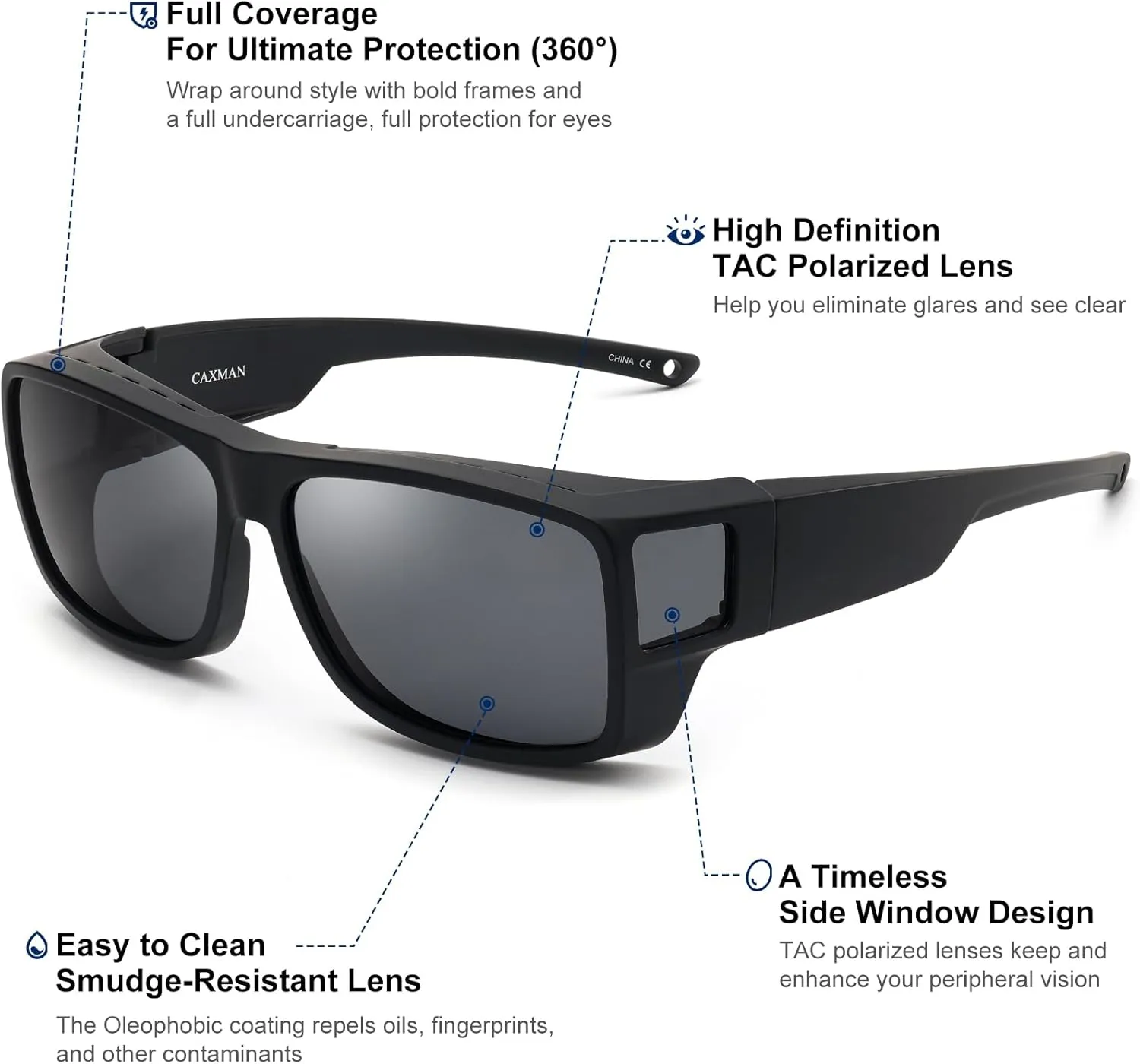 CAXMAN Fit Over Glasses Sunglasses Polarized Wrap Around Sunglasses with Side Window Shields for Full Protection