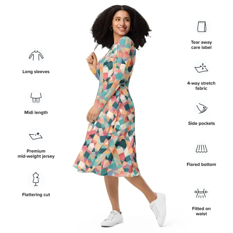 Chic Pastel Geometrical Long Sleeve Midi Dress