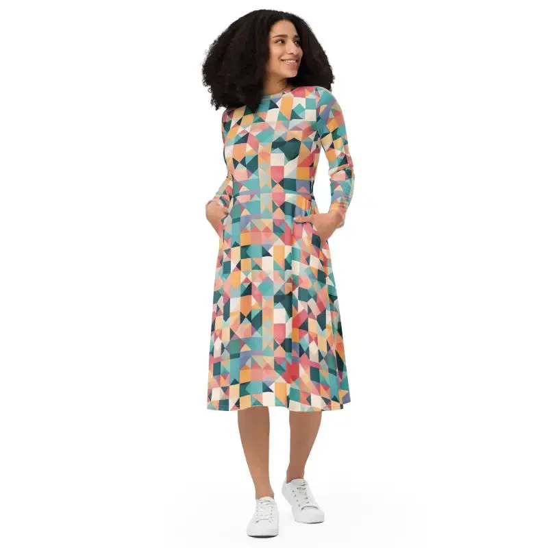 Chic Pastel Geometrical Long Sleeve Midi Dress