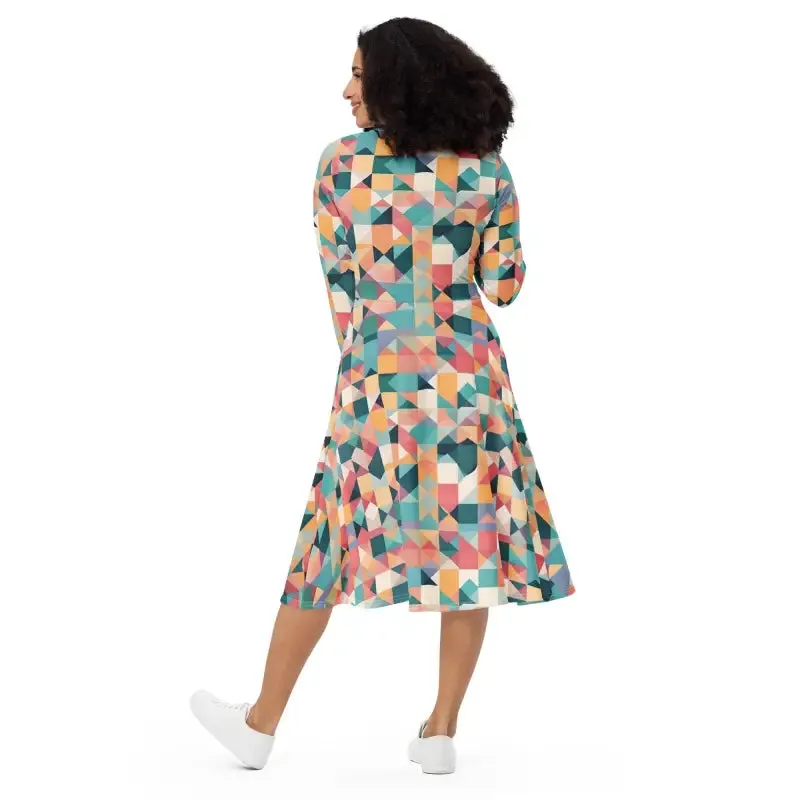 Chic Pastel Geometrical Long Sleeve Midi Dress