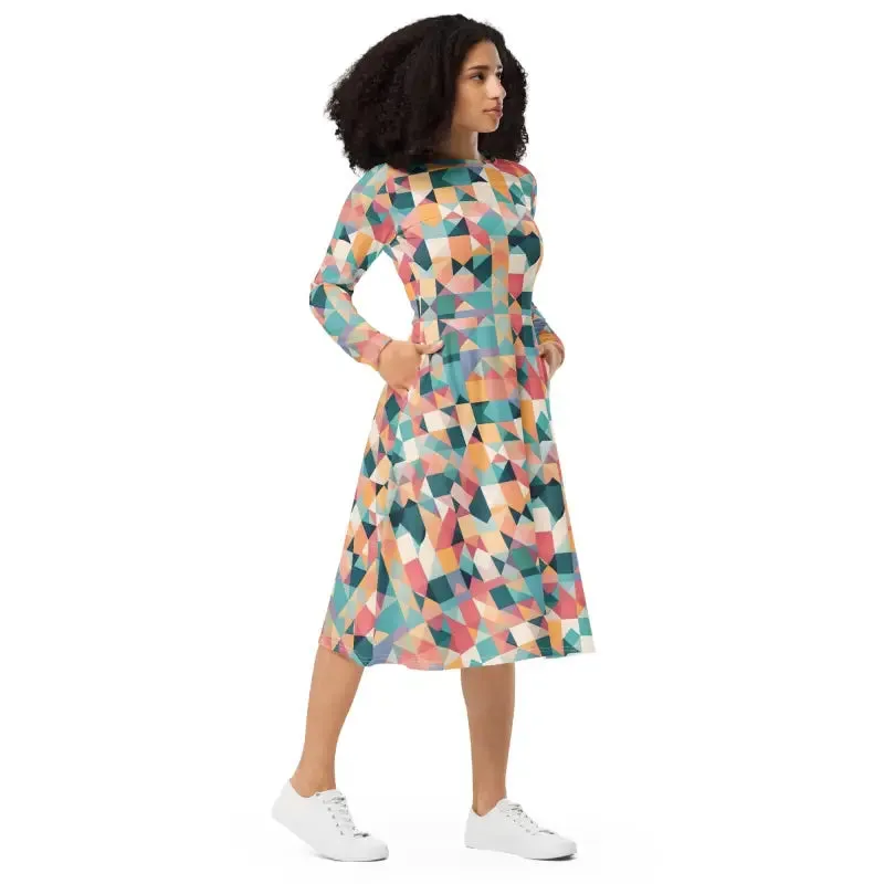 Chic Pastel Geometrical Long Sleeve Midi Dress