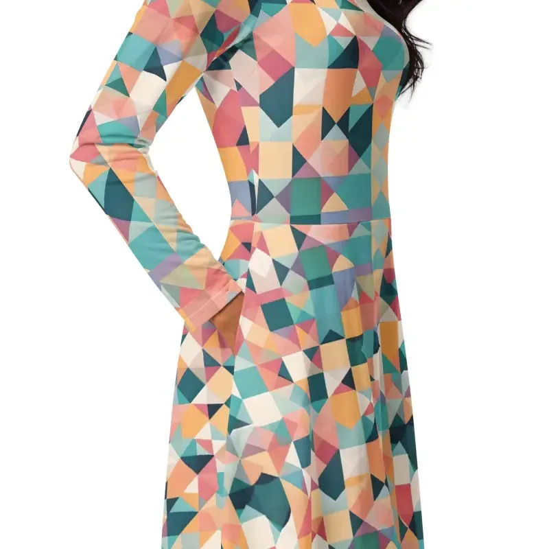 Chic Pastel Geometrical Long Sleeve Midi Dress