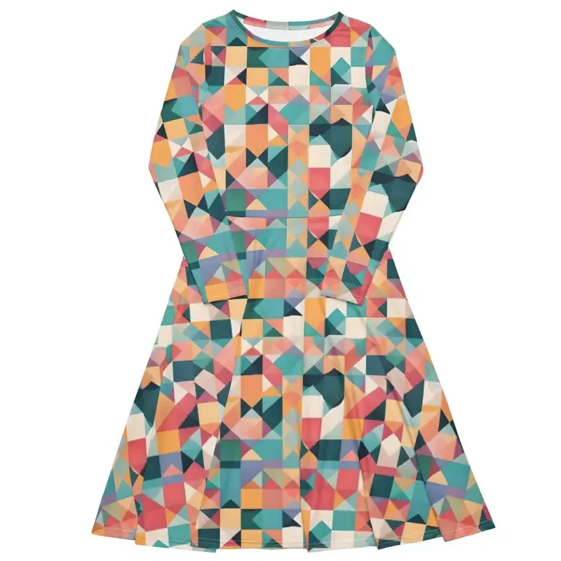 Chic Pastel Geometrical Long Sleeve Midi Dress