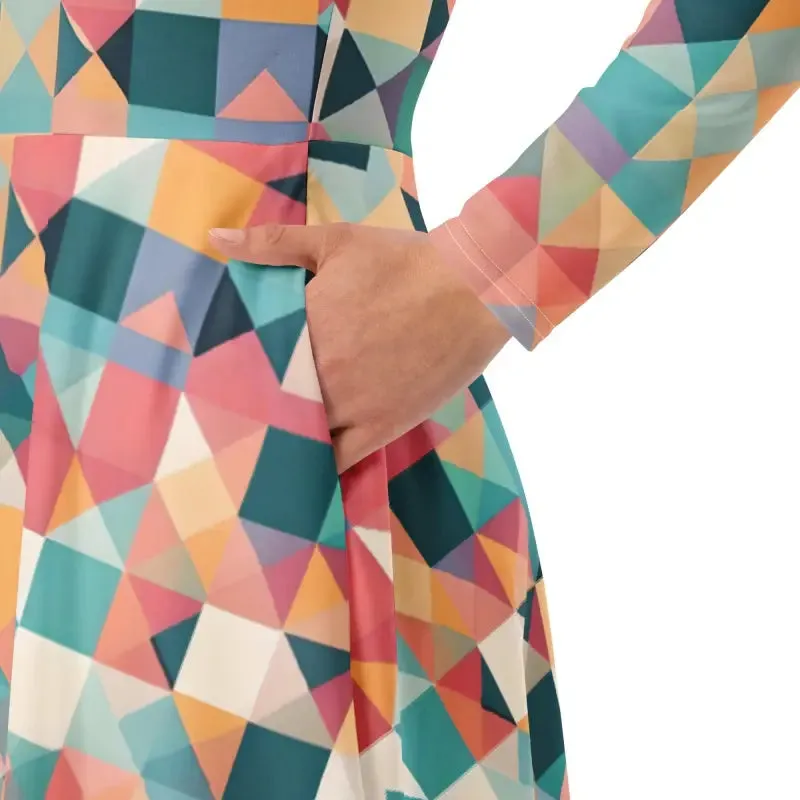 Chic Pastel Geometrical Long Sleeve Midi Dress