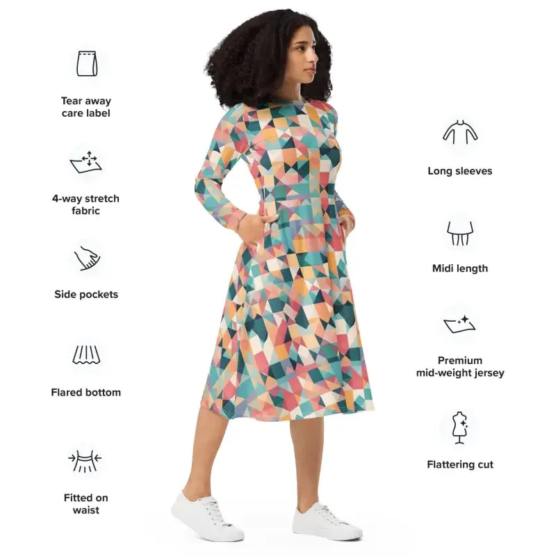 Chic Pastel Geometrical Long Sleeve Midi Dress