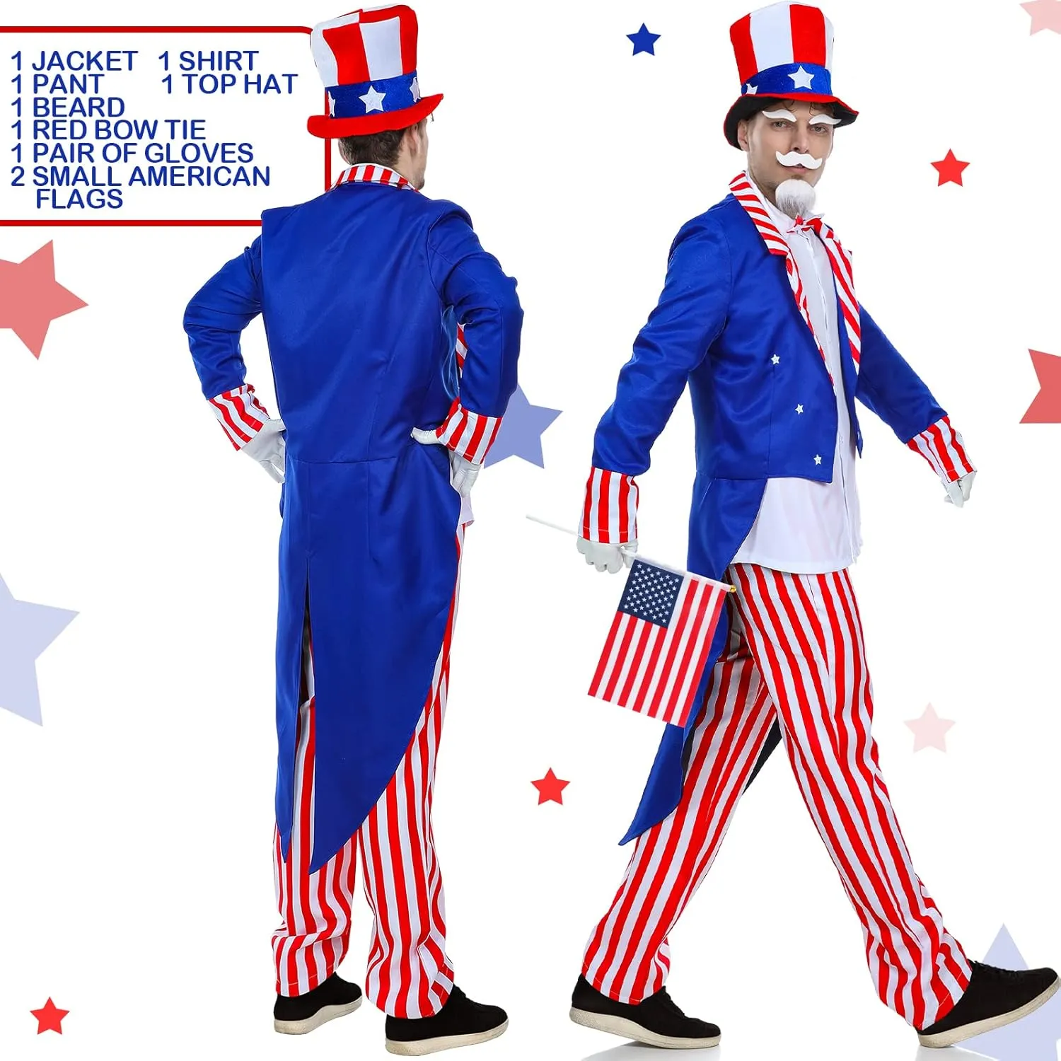 Handepo 9 Pieces 4th of July Costume Set Patriotic Top Hat American Usa Flag Independence Uncle Cosplay Party