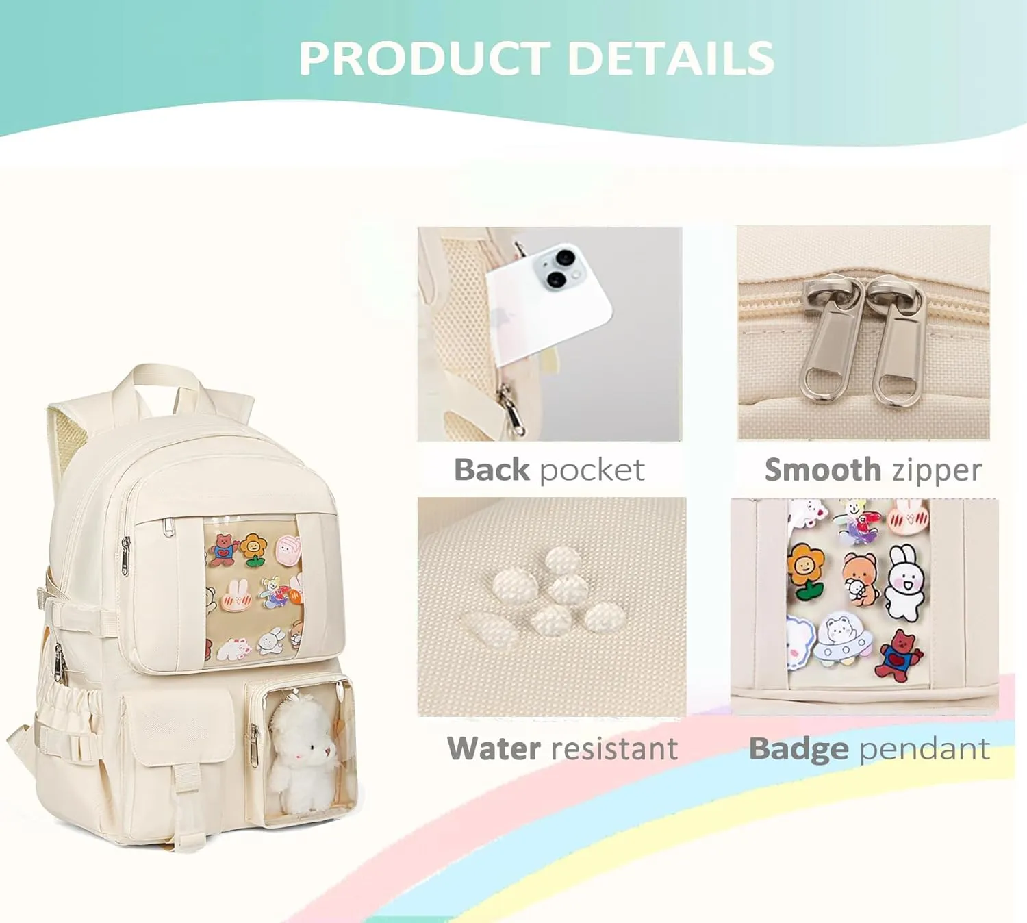 Kawaii Backpack for Teen Girls, Cute Aesthetic High Middle School College Bookbag with Accessories, Green
