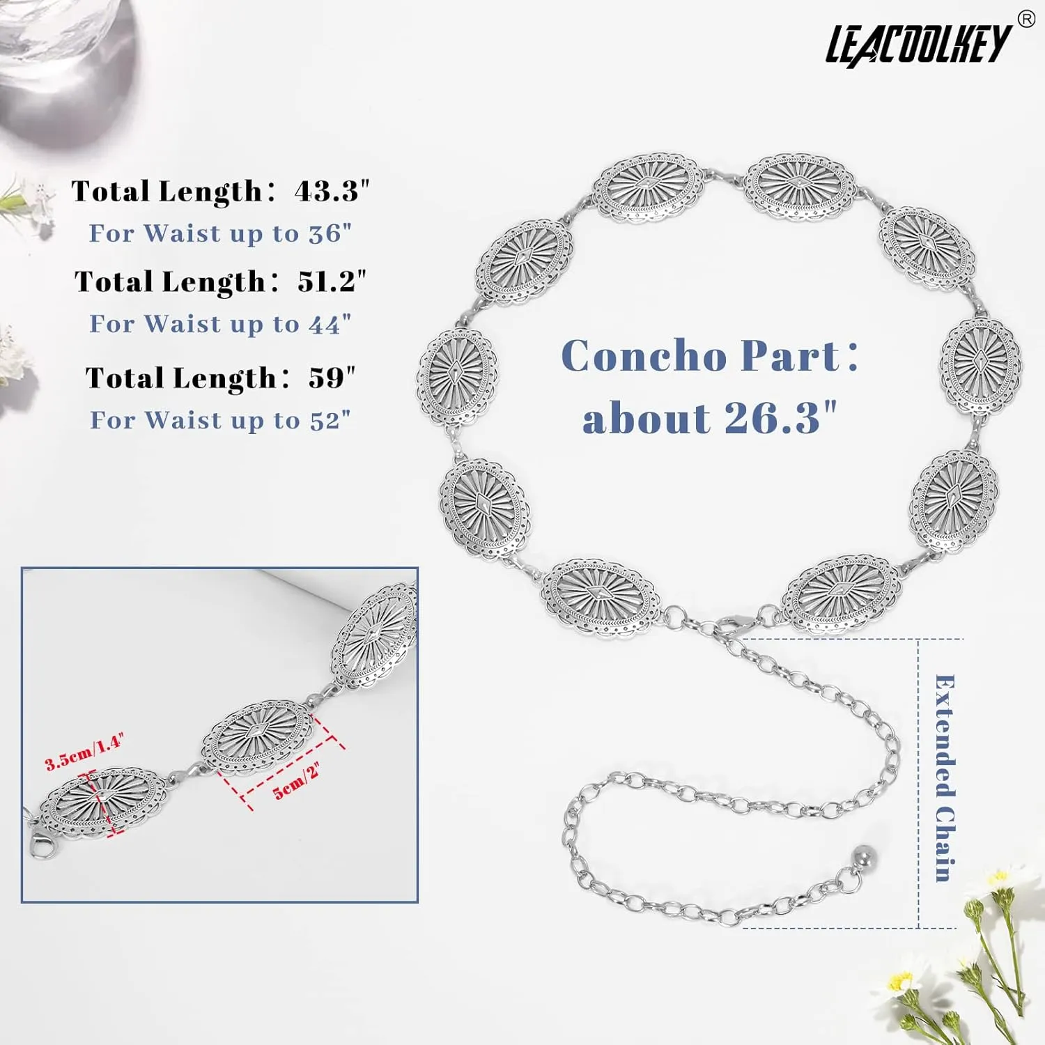 LEACOOLKEY Women Turquoise Concho Chain Waist Belt Silver Western Cowgirl Metal Chain Belt for Dress Adjustable