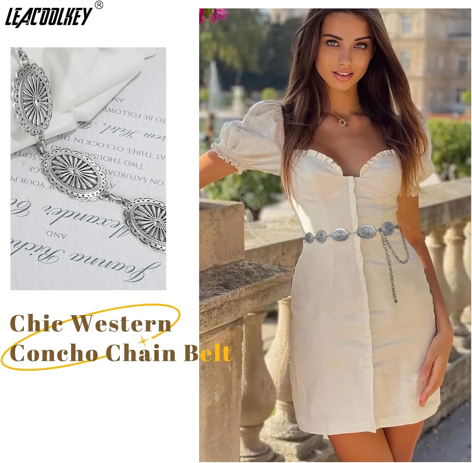 LEACOOLKEY Women Turquoise Concho Chain Waist Belt Silver Western Cowgirl Metal Chain Belt for Dress Adjustable