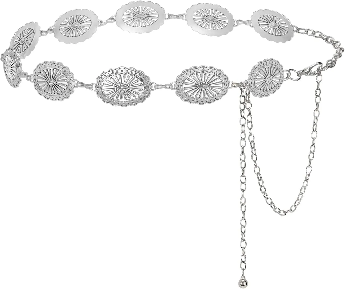 LEACOOLKEY Women Turquoise Concho Chain Waist Belt Silver Western Cowgirl Metal Chain Belt for Dress Adjustable
