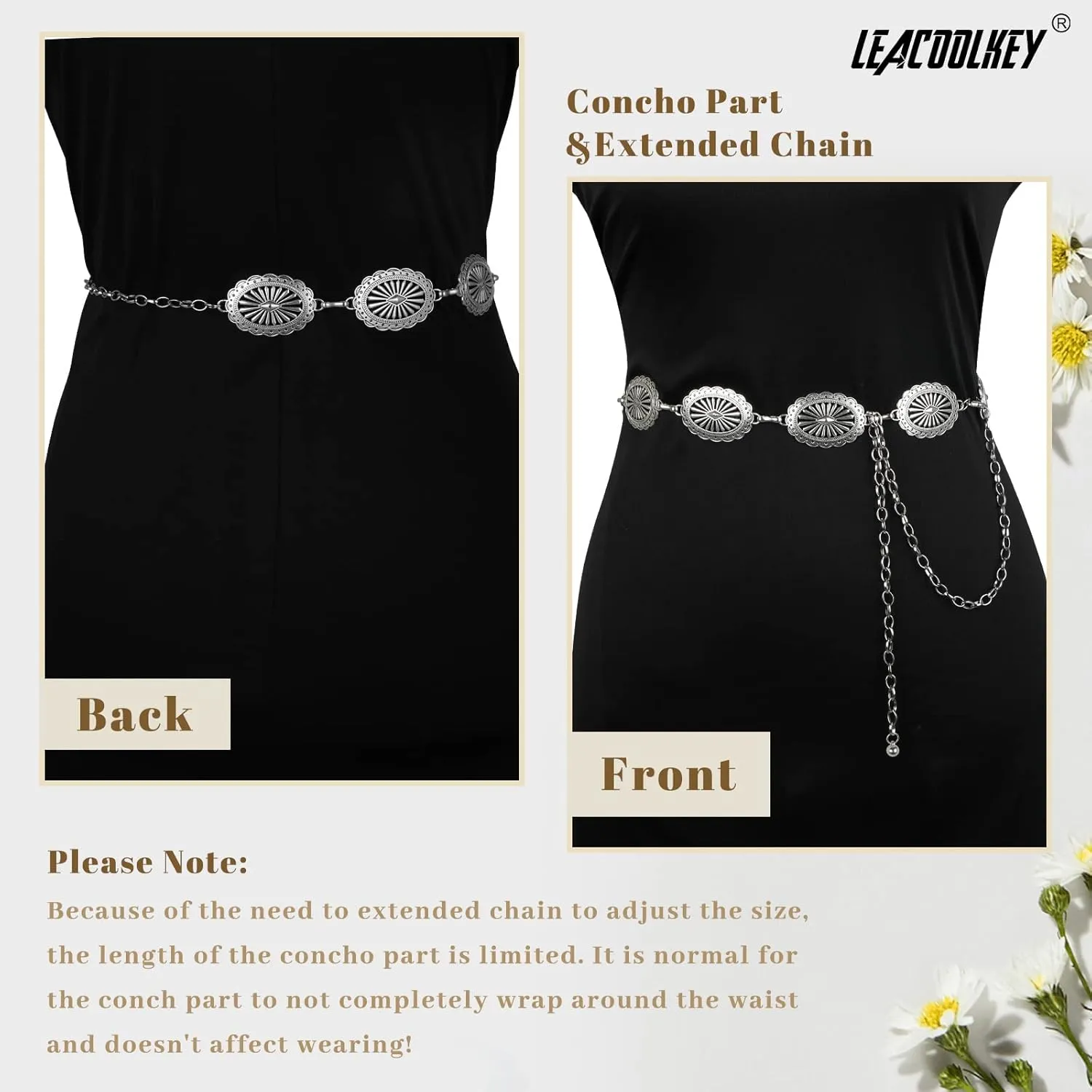 LEACOOLKEY Women Turquoise Concho Chain Waist Belt Silver Western Cowgirl Metal Chain Belt for Dress Adjustable