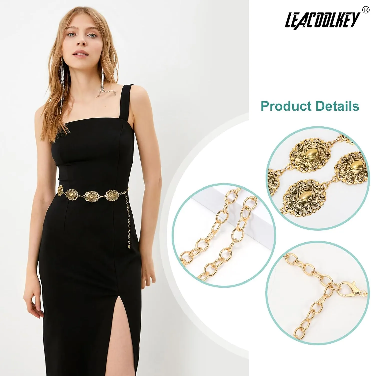 LEACOOLKEY Women Turquoise Concho Chain Waist Belt Silver Western Cowgirl Metal Chain Belt for Dress Adjustable