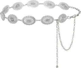 LEACOOLKEY Women Turquoise Concho Chain Waist Belt Silver Western Cowgirl Metal Chain Belt for Dress Adjustable