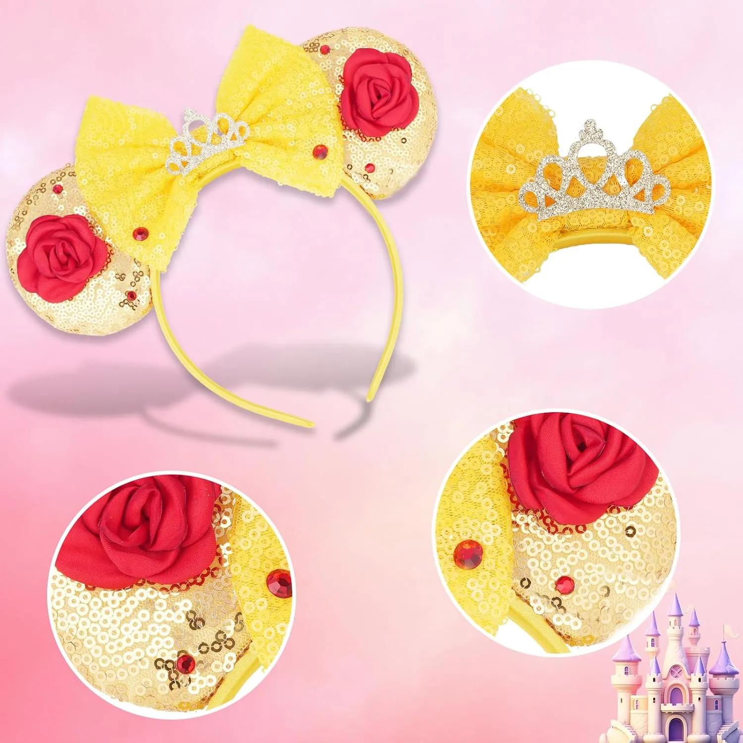 LYLIN Belle Ears, Princess Belle Mouse Ears Headband for Women & Girls, Tiara Headband Hair Accessory for Birthday Party