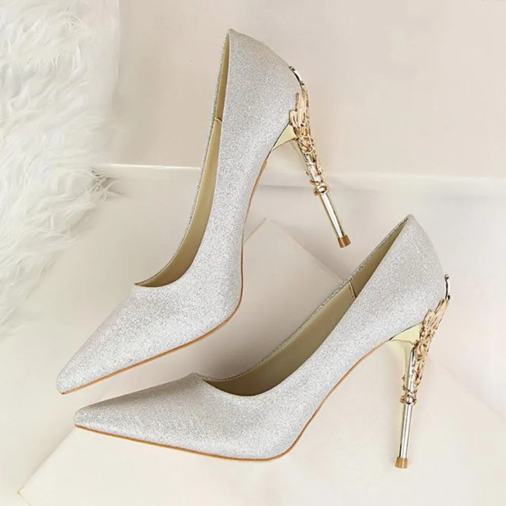 Metal Carved Pumps Elegant High Heels