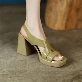 Purpdrank - 2023 New Summer Sandals Cow Leather High Heels Woman Shoes Chunky Heel Square Toe Sandals Back Strap Shoes Women Pumps Handmade