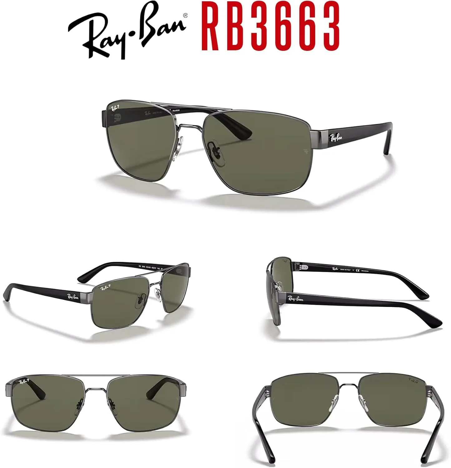 Ray-Ban RB3663 Rectangle Sunglasses for Men   BUNDLE With Designer iWear Complimentary Eyewear Kit