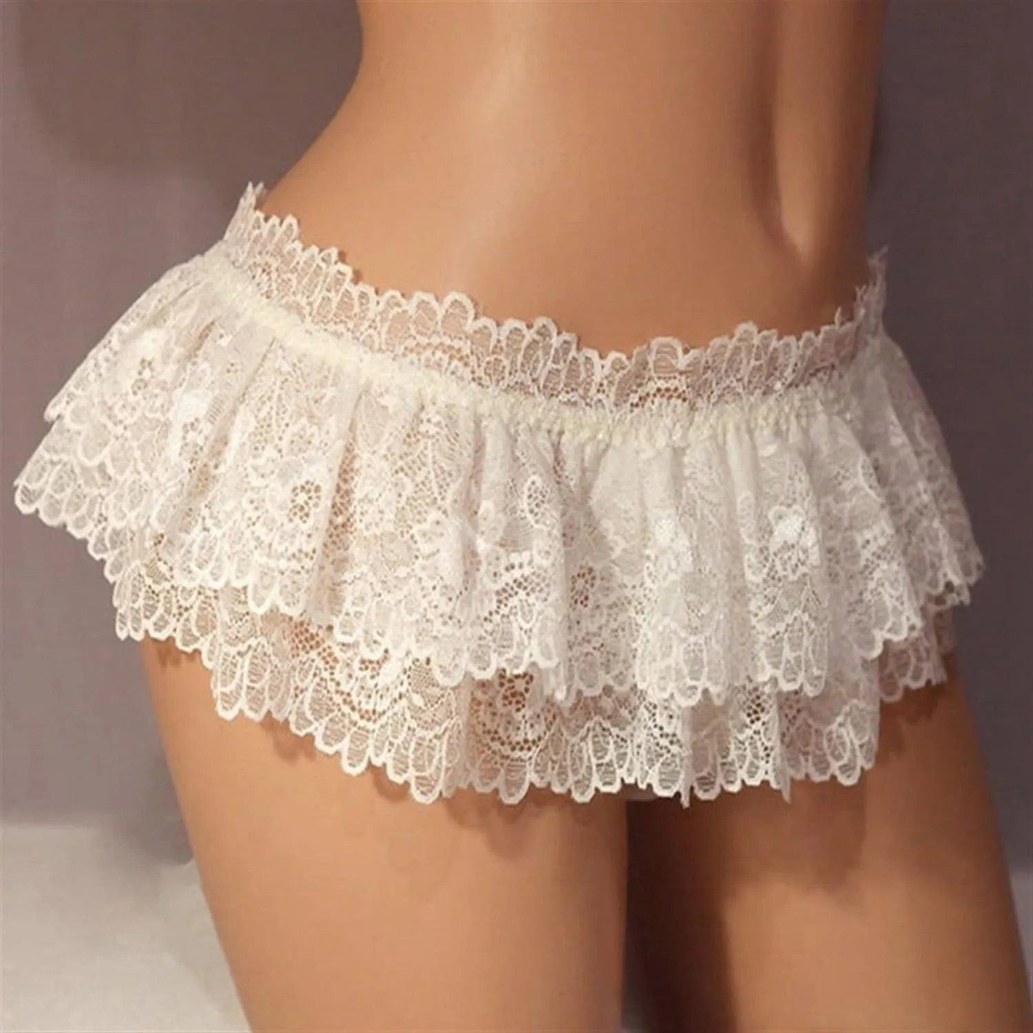 Sissy Lace Panties Men's Ruffled Panties Thongs Mini Skirt Thongs Gay Lingerie (Color : White, Size : 1pc)