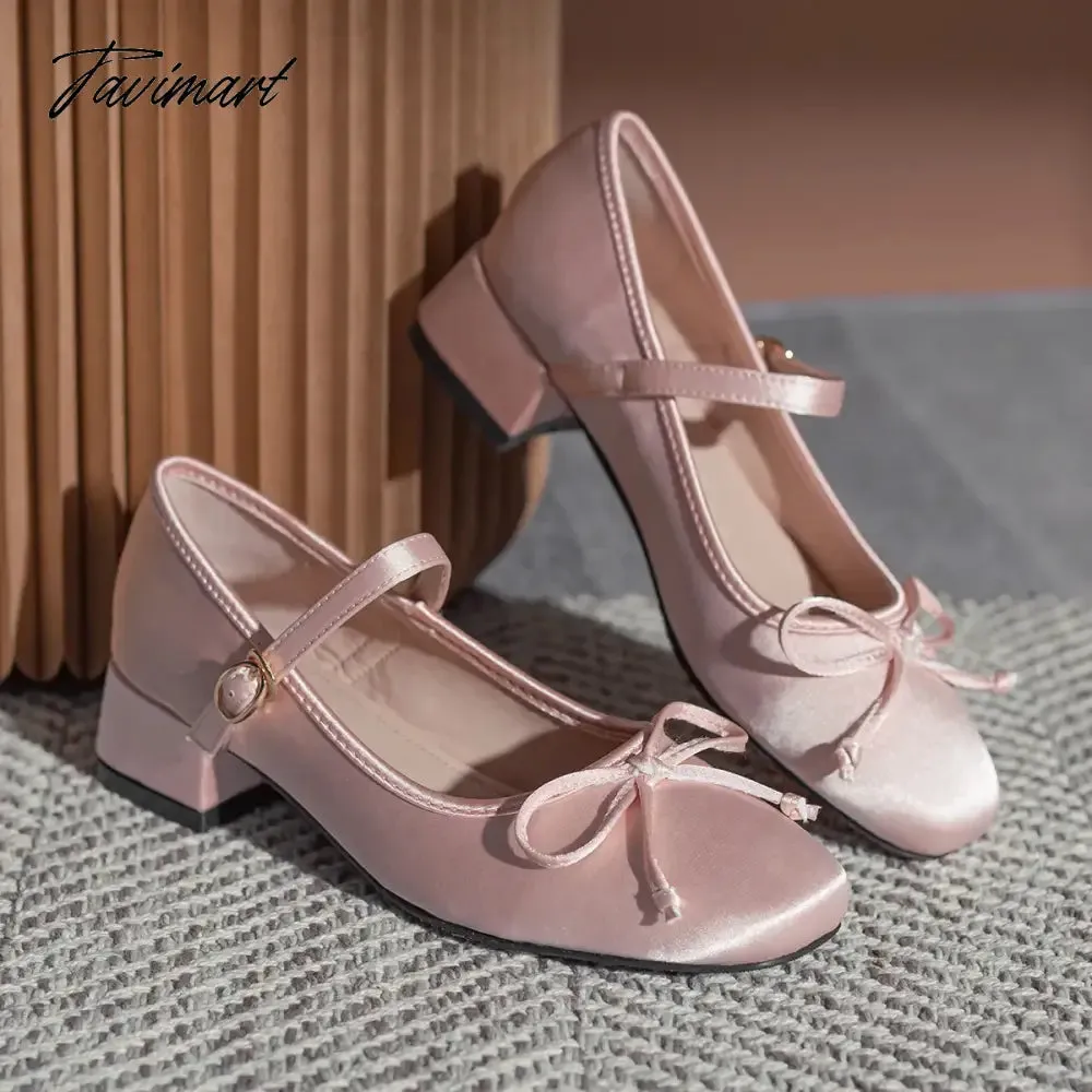 Tavimart Mary Jane Pumps Women silk Pink Bow Knot Design Lolita Square Toe Fashion Sweet Pumps 4CM Heel height Lovely Ballet Shoes