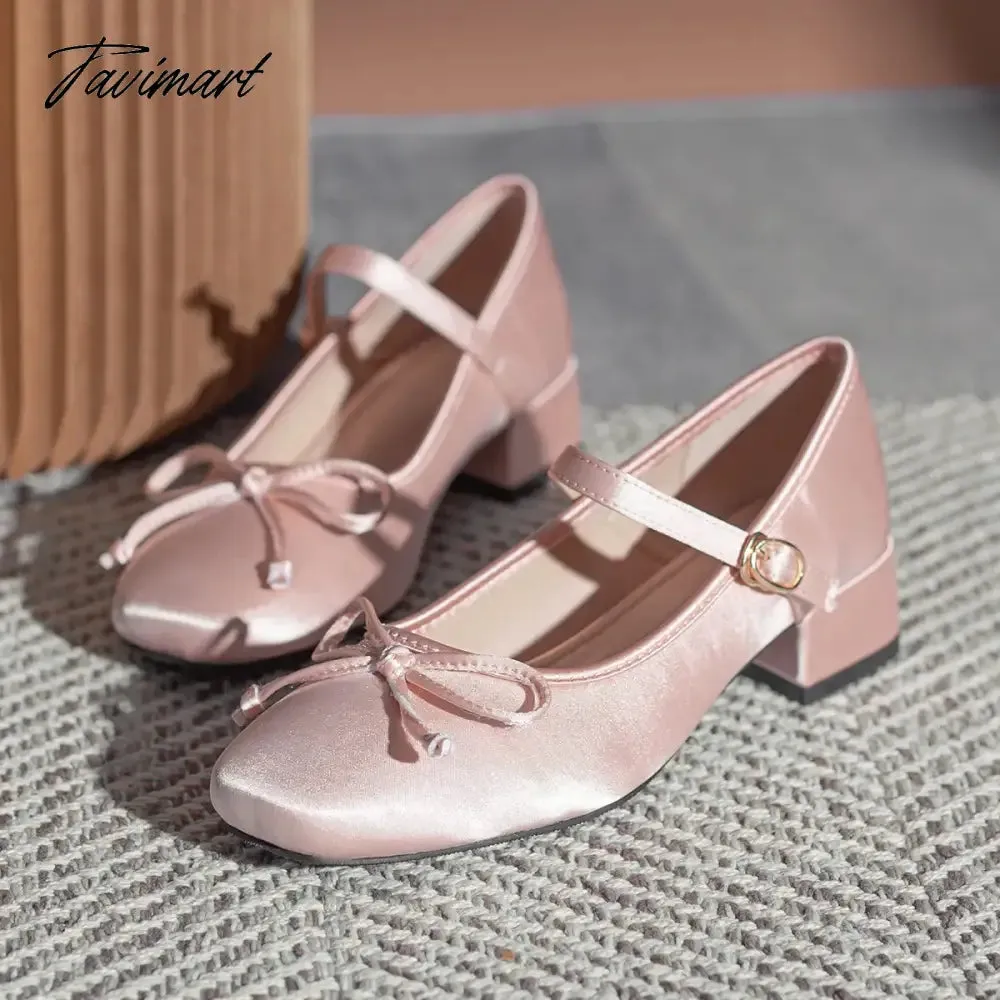 Tavimart Mary Jane Pumps Women silk Pink Bow Knot Design Lolita Square Toe Fashion Sweet Pumps 4CM Heel height Lovely Ballet Shoes