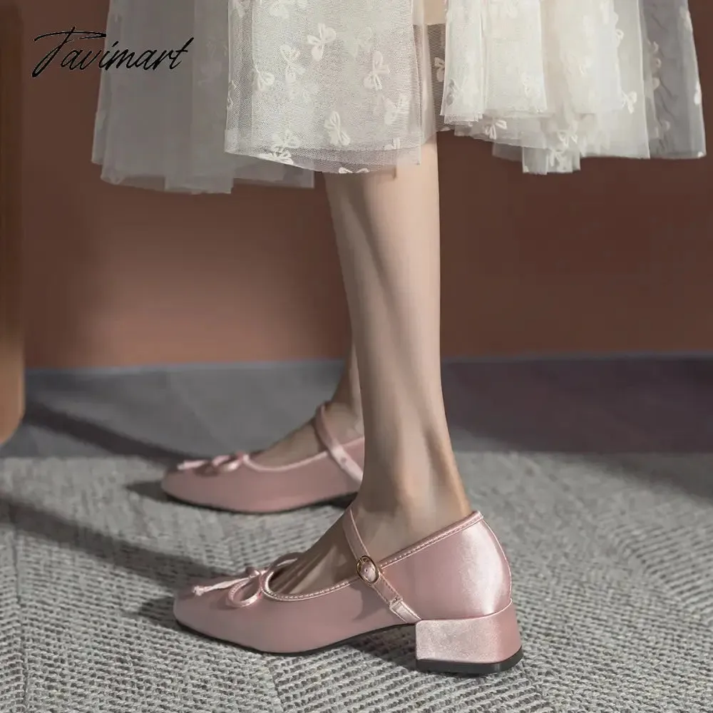 Tavimart Mary Jane Pumps Women silk Pink Bow Knot Design Lolita Square Toe Fashion Sweet Pumps 4CM Heel height Lovely Ballet Shoes