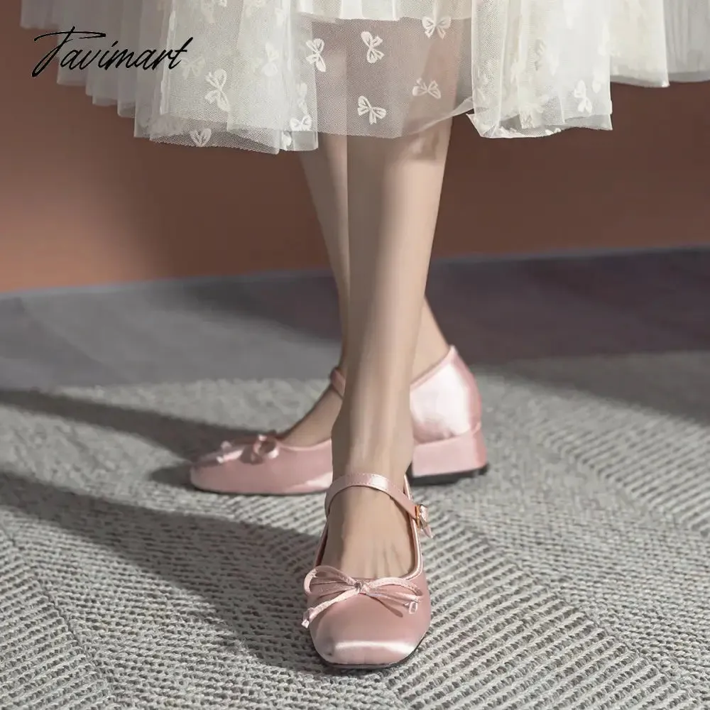 Tavimart Mary Jane Pumps Women silk Pink Bow Knot Design Lolita Square Toe Fashion Sweet Pumps 4CM Heel height Lovely Ballet Shoes