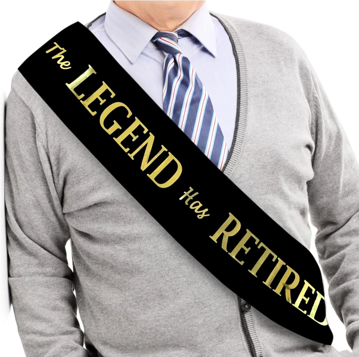 The Legend Has Retired Sash ?C Elegant Black and Gold Foil Legendary Sash for Both Women and Men & a Large Gold Safety Pin. Perfect for Retirement Parties
