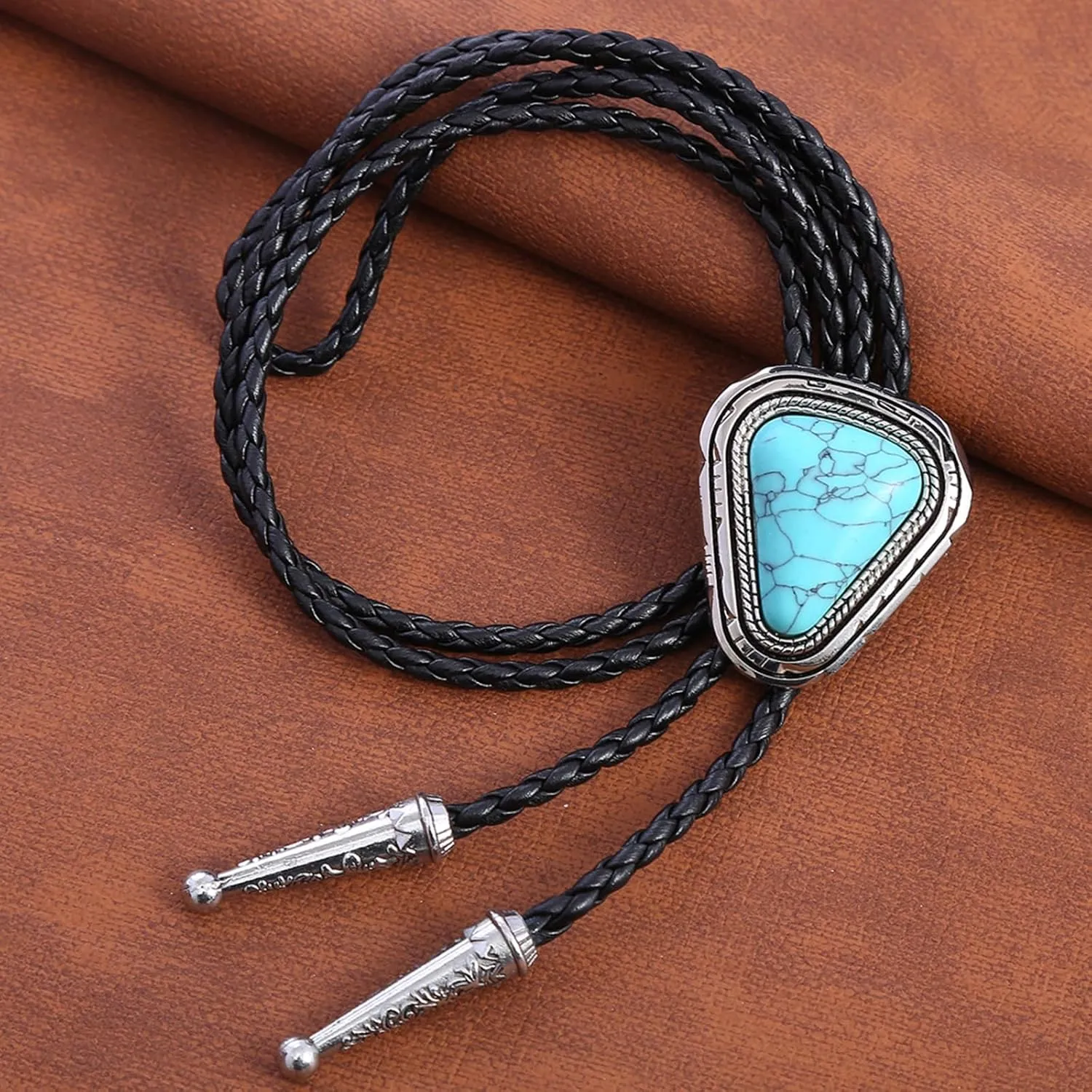 Turquoise Bolo Tie for Men, Leather Braided Necktie Western Cowboy Bola Tie Costume Accessories for Men Women