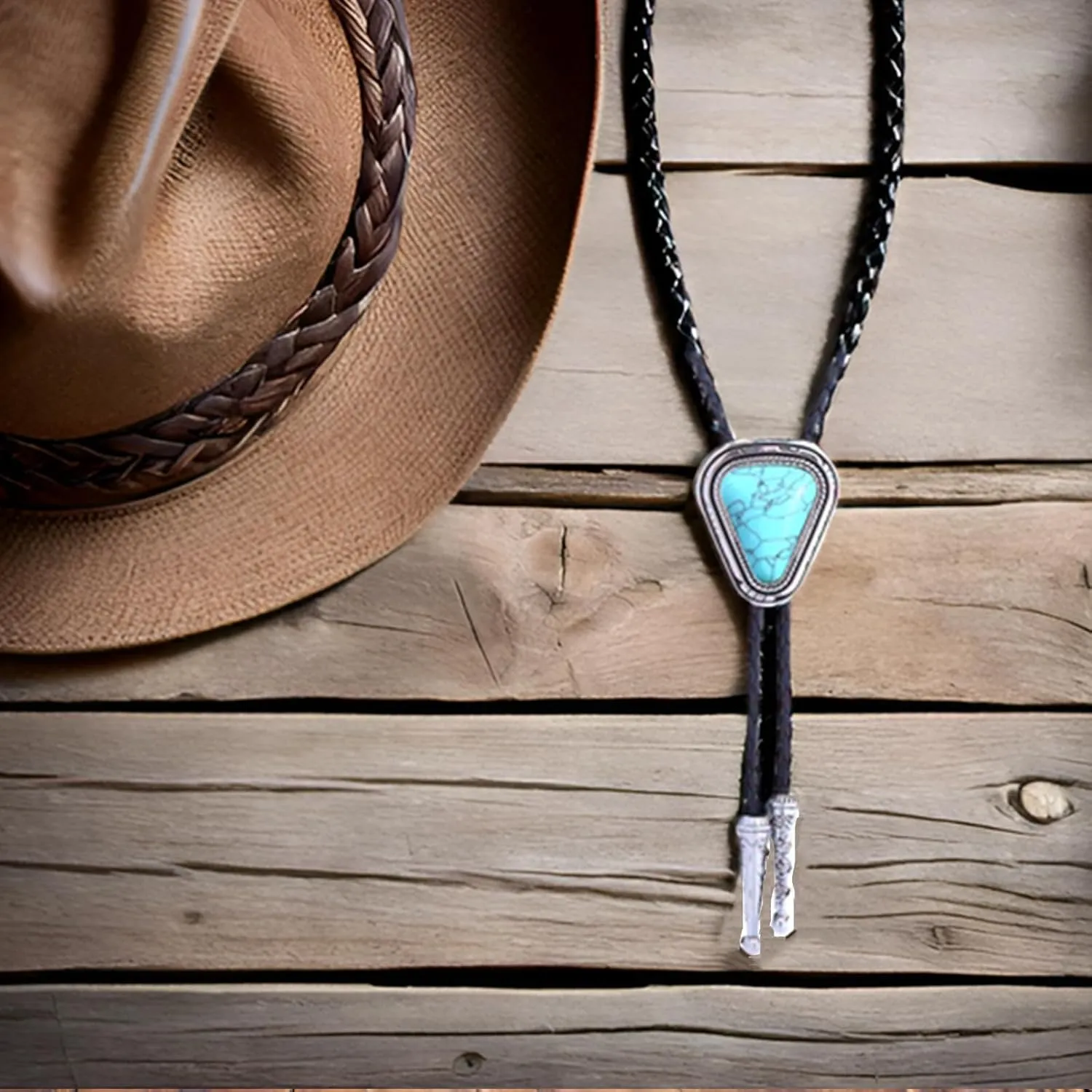 Turquoise Bolo Tie for Men, Leather Braided Necktie Western Cowboy Bola Tie Costume Accessories for Men Women