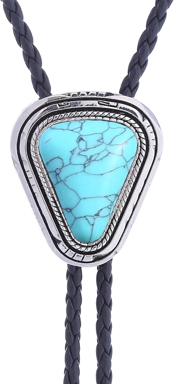 Turquoise Bolo Tie for Men, Leather Braided Necktie Western Cowboy Bola Tie Costume Accessories for Men Women