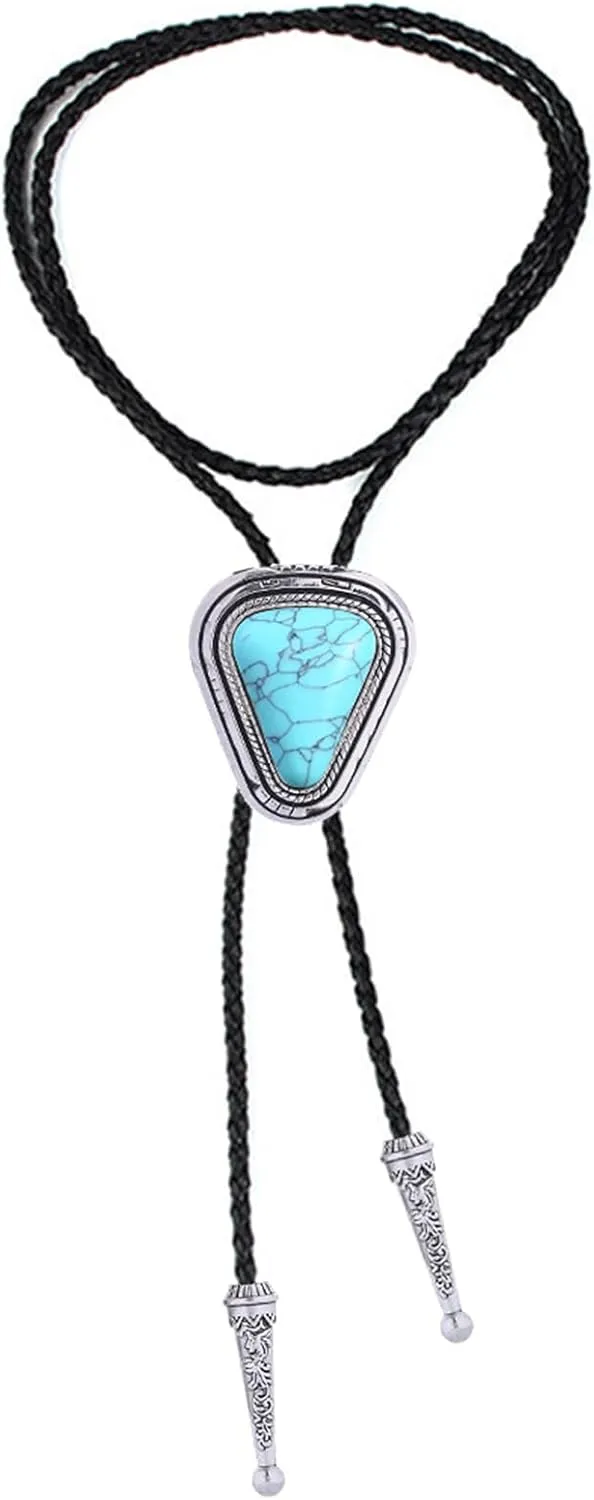 Turquoise Bolo Tie for Men, Leather Braided Necktie Western Cowboy Bola Tie Costume Accessories for Men Women